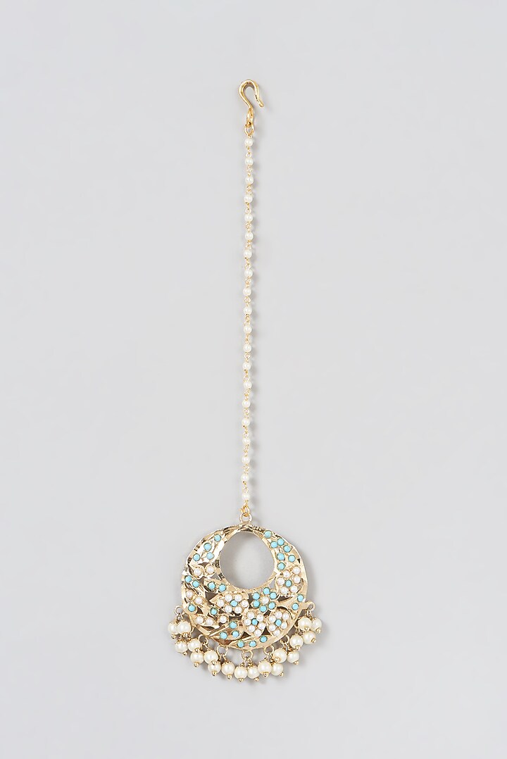 Gold Finish Kundan Polki & Pearl Drop Maangtikka by VASTRAA Jewellery at Pernia's Pop Up Shop