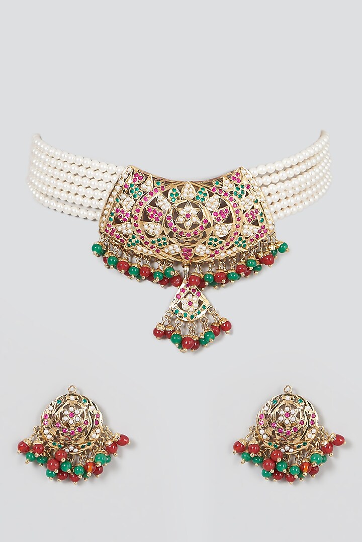 Gold Finish Pearl & Kundan Polki Choker Necklace Set by VASTRAA Jewellery at Pernia's Pop Up Shop