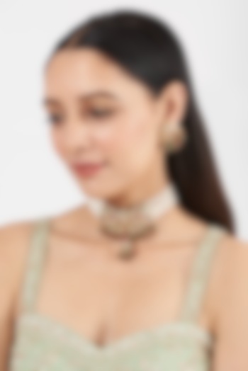 Gold Finish Pearl & Kundan Polki Choker Necklace Set by VASTRAA Jewellery at Pernia's Pop Up Shop