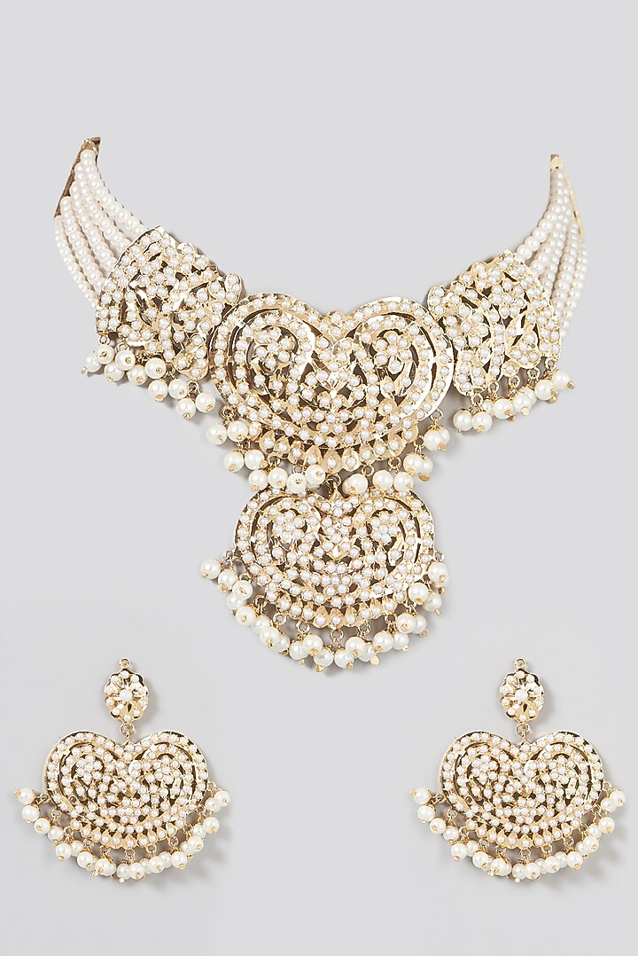 Gold Finish Pearl & Kundan Polki Choker Necklace Set by VASTRAA Jewellery at Pernia's Pop Up Shop