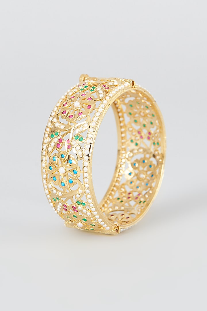 Gold Finish Kundan Polki Bangles (Set of 2) by VASTRAA Jewellery at Pernia's Pop Up Shop