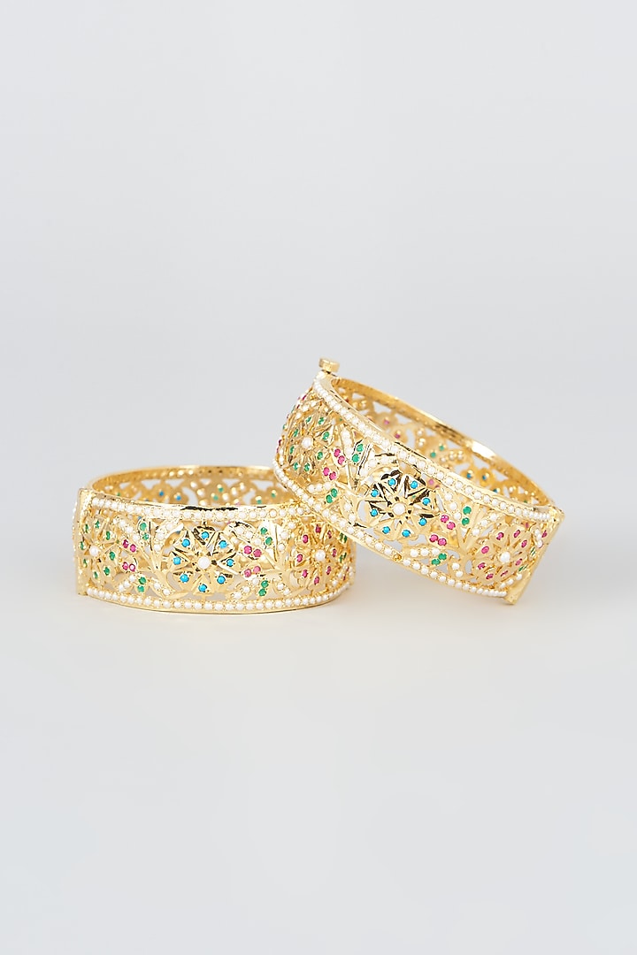 Gold Finish Kundan Polki Bangles (Set of 2) by VASTRAA Jewellery at Pernia's Pop Up Shop