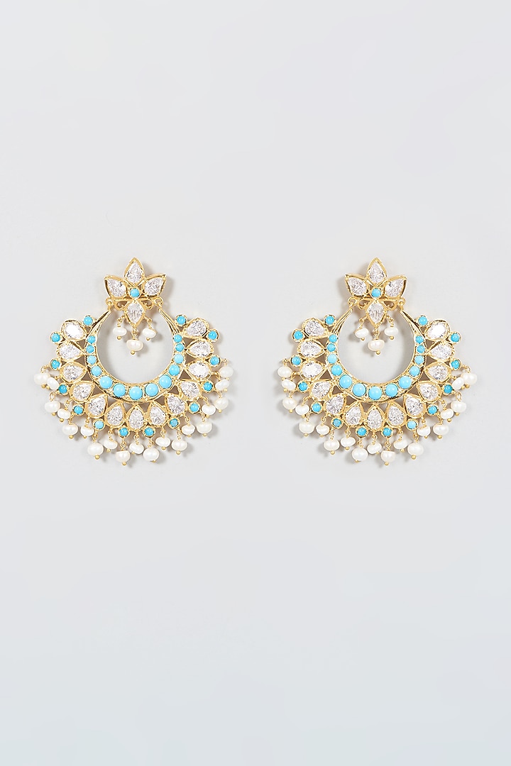 Gold Finish Multi-Colored Kundan Polki & Beaded Chandbaali Earrings by VASTRAA Jewellery at Pernia's Pop Up Shop
