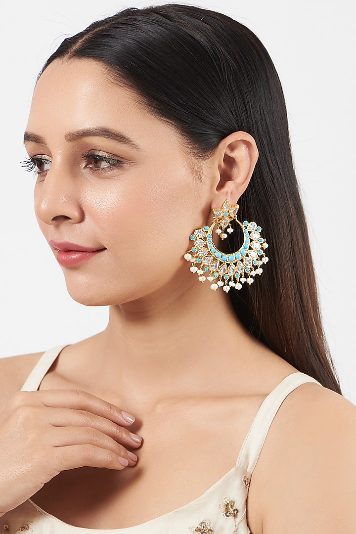 Gold Finish Multi-Colored Kundan Polki & Beaded Chandbaali Earrings by VASTRAA Jewellery at Pernia's Pop Up Shop