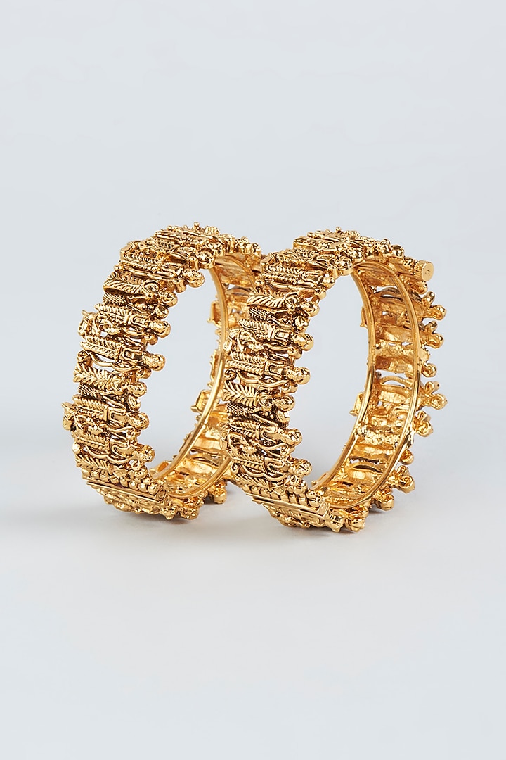 Gold Finish Temple Broad Bangles (Set of 2) by VASTRAA Jewellery