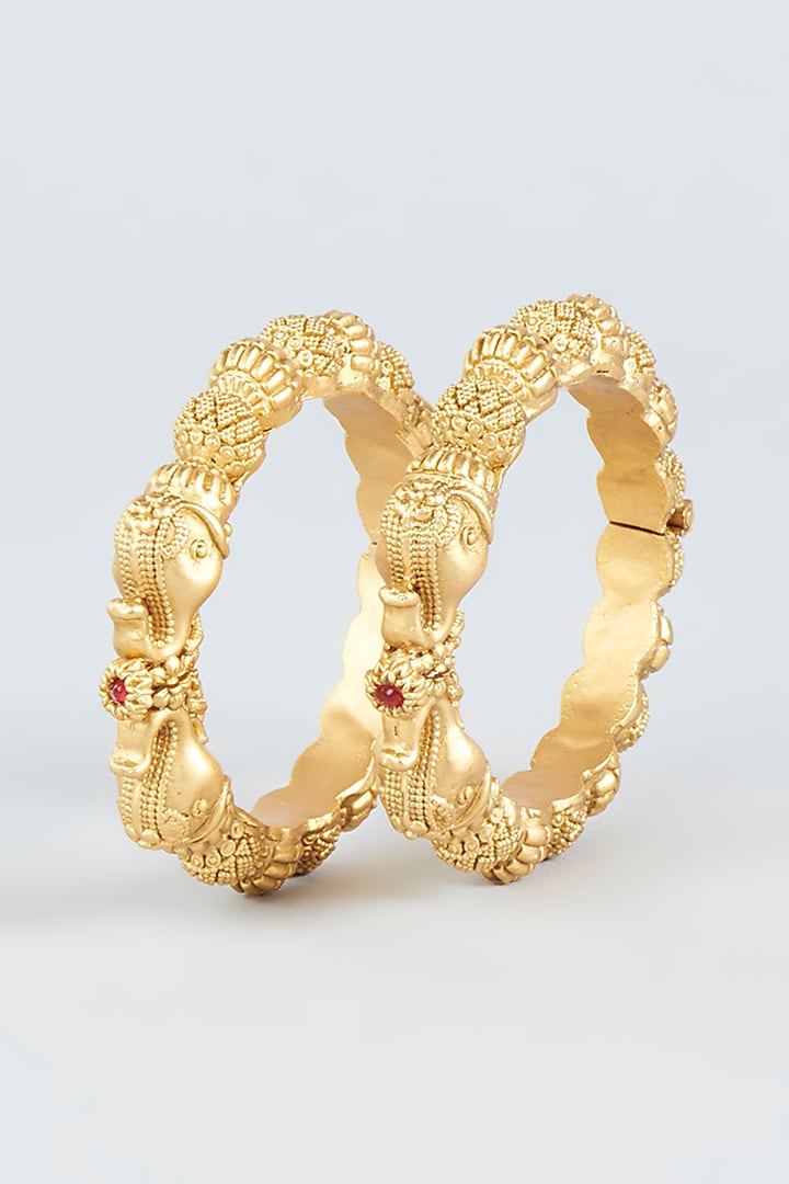 Gold Finish Temple Bangles (Set of 2) by VASTRAA Jewellery at Pernia's Pop Up Shop