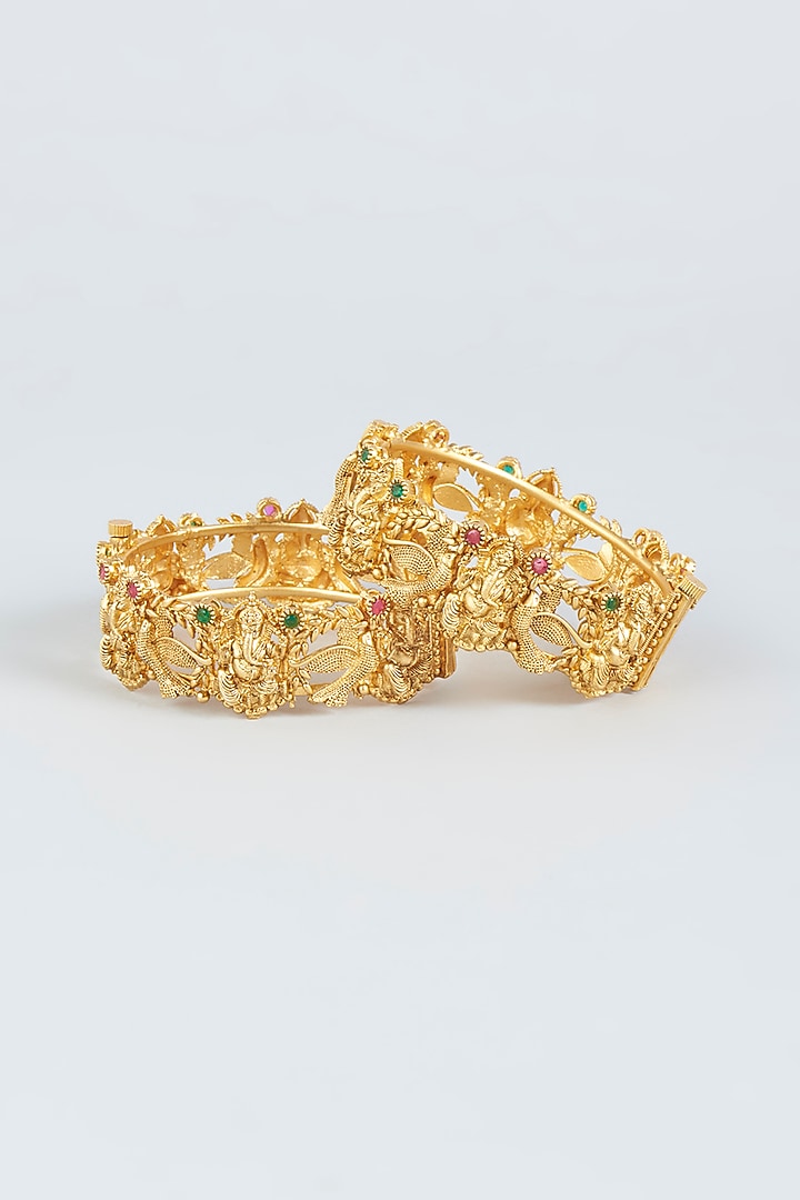 Gold Finish Openable Temple Broad Bangles (Set of 2) by VASTRAA Jewellery at Pernia's Pop Up Shop