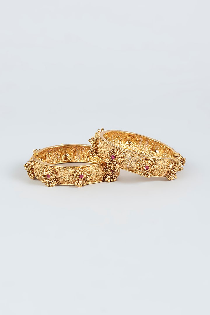 Gold Finish Openable Temple Bangles (Set of 2) by VASTRAA Jewellery at Pernia's Pop Up Shop