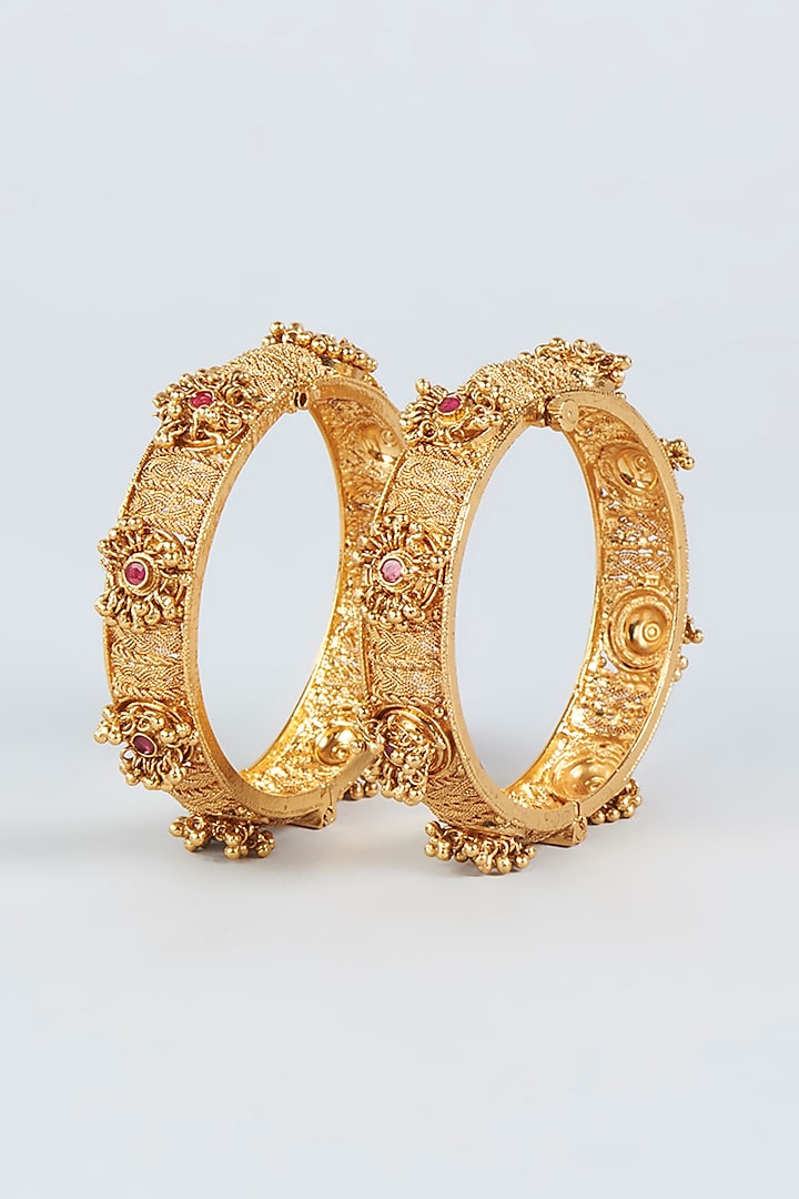 Gold Finish Openable Temple Bangles (Set of 2) by VASTRAA Jewellery at Pernia's Pop Up Shop