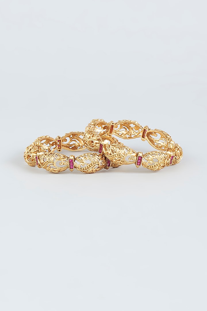 Gold Finish Red Stones Openable Temple Bangles (Set of 2) by VASTRAA Jewellery at Pernia's Pop Up Shop