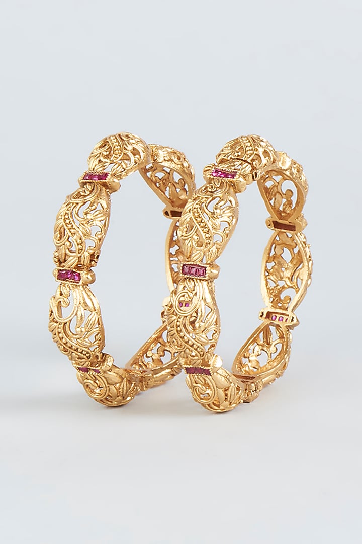 Gold Finish Red Stones Openable Temple Bangles (Set of 2) by VASTRAA Jewellery at Pernia's Pop Up Shop