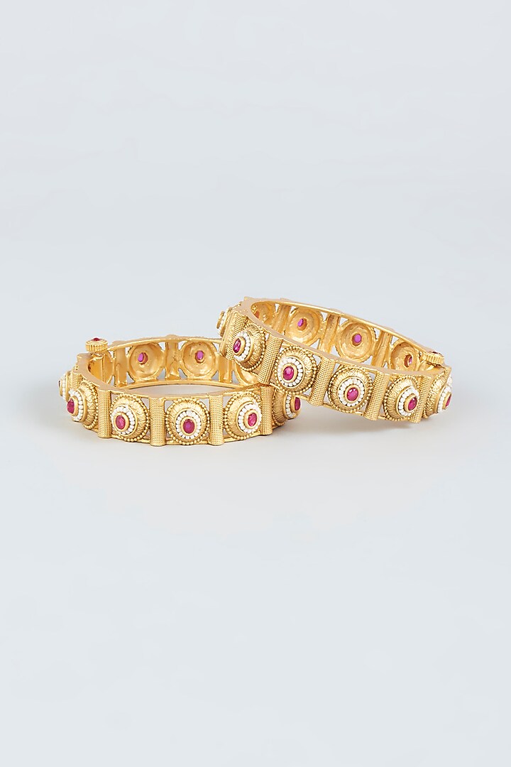 Gold Finish Openable Temple Bangles (Set of 2) by VASTRAA Jewellery at Pernia's Pop Up Shop