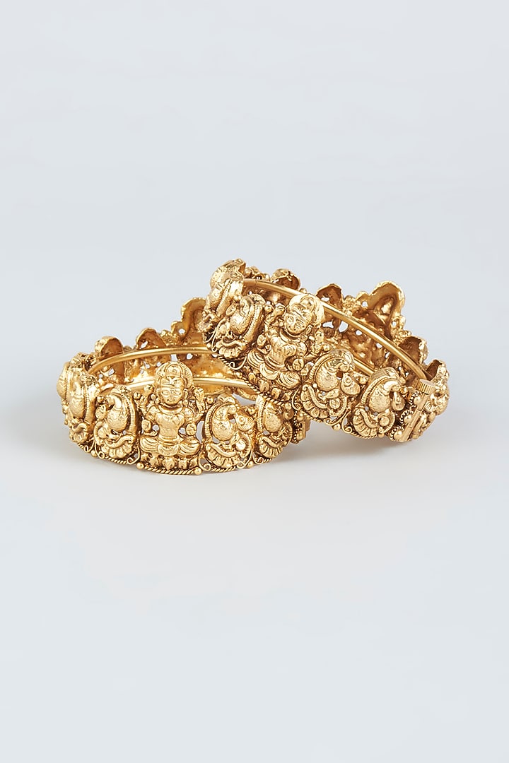 Gold Finish Temple Motif Bangles (Set of 2) by VASTRAA Jewellery at Pernia's Pop Up Shop