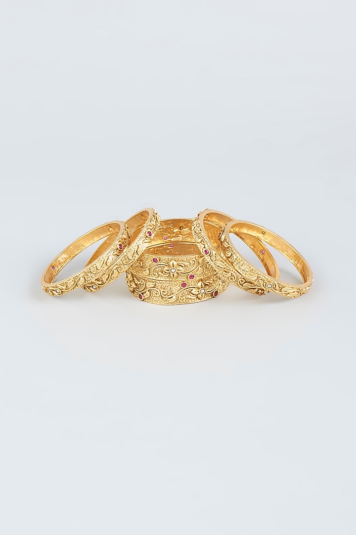 Gold Finish Temple Bangles (Set of 6) by VASTRAA Jewellery at Pernia's Pop Up Shop