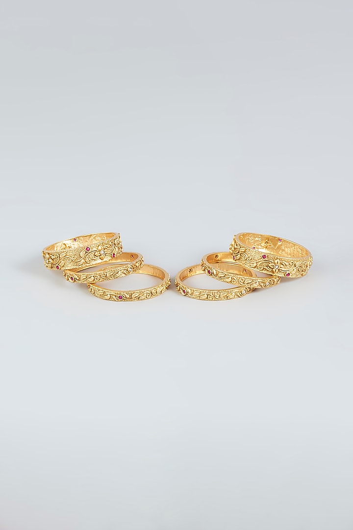 Gold Finish Temple Bangles (Set of 6) by VASTRAA Jewellery at Pernia's Pop Up Shop