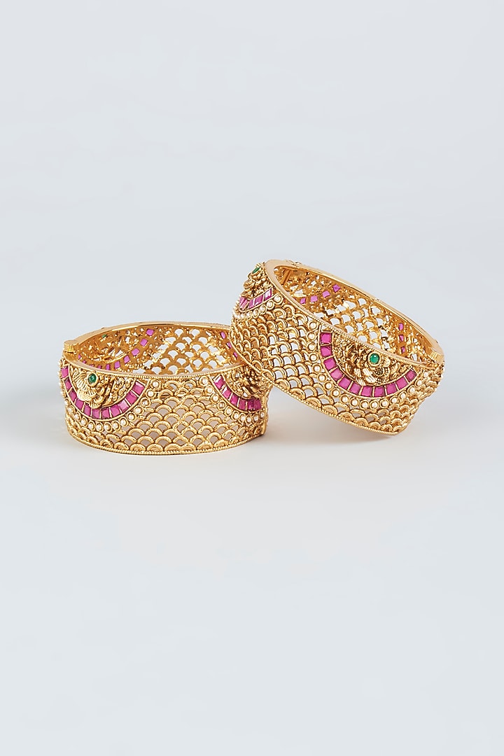 Gold Finish Filigree Bangles (Set of 2) by VASTRAA Jewellery at Pernia's Pop Up Shop