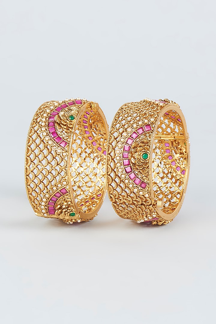 Gold Finish Filigree Bangles (Set of 2) by VASTRAA Jewellery at Pernia's Pop Up Shop