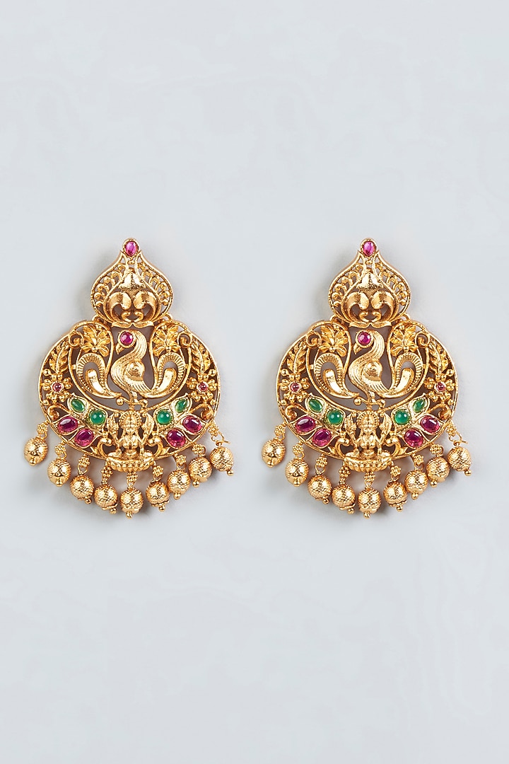 Gold Finish Red & Green Synthetic Stone Temple Motif Earrings by VASTRAA Jewellery at Pernia's Pop Up Shop