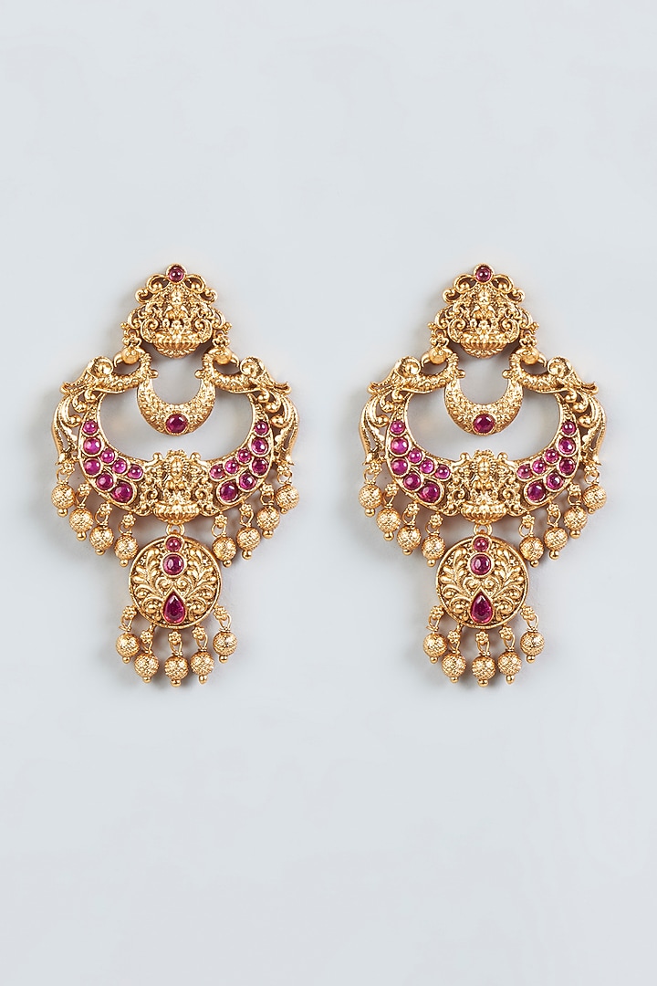Gold Finish Red Synthetic Stone Temple Earrings by VASTRAA Jewellery at Pernia's Pop Up Shop