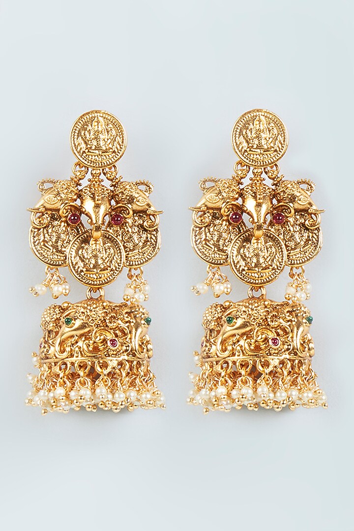 Gold Finish Pearl Temple Earrings by VASTRAA Jewellery at Pernia's Pop Up Shop