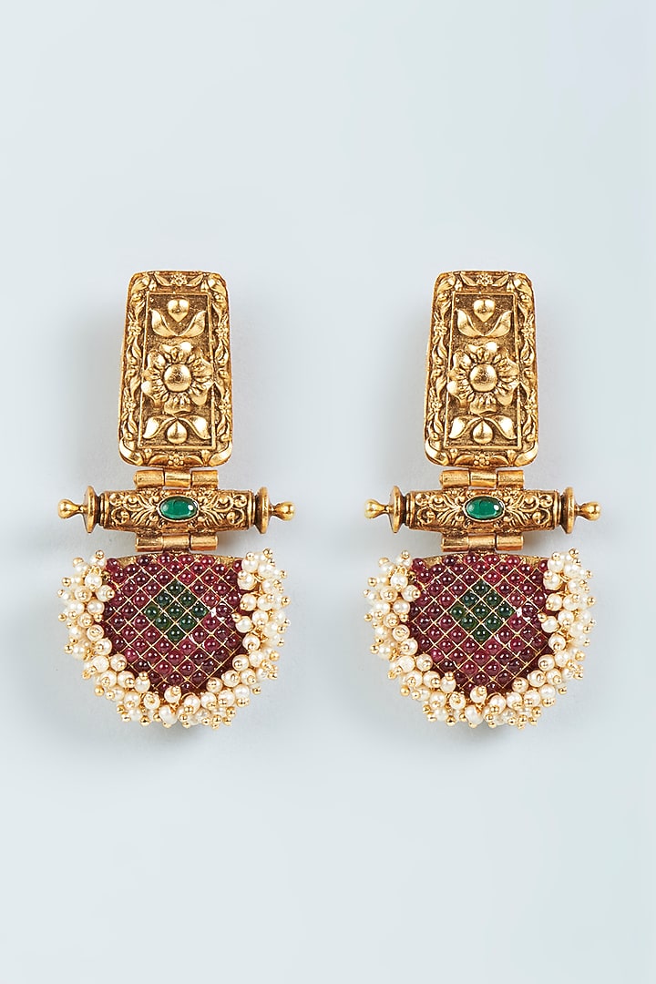 Gold Finish Pearl & Red Stone Temple Earrings by VASTRAA Jewellery at Pernia's Pop Up Shop