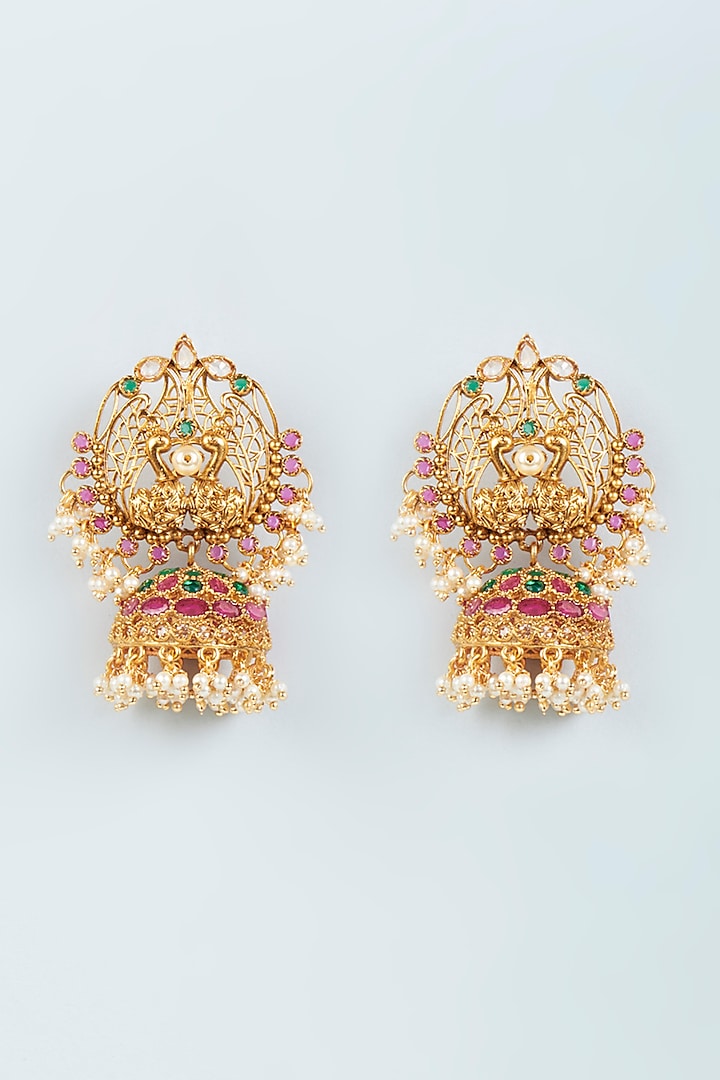 Gold Finish Pearl & Red Stone Temple Earrings by VASTRAA Jewellery