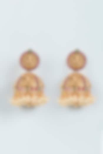 Gold Finish Red Stone & Pearl Temple Jhumka Earrings by VASTRAA Jewellery