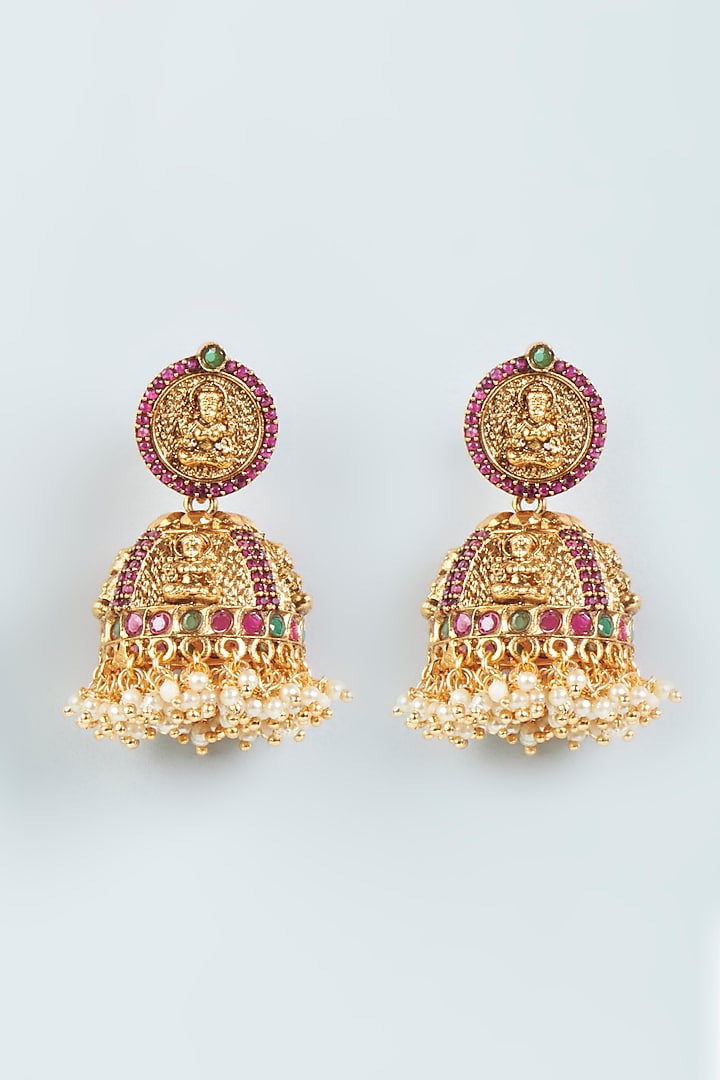Gold Finish Red Stone & Pearl Temple Jhumka Earrings by VASTRAA Jewellery