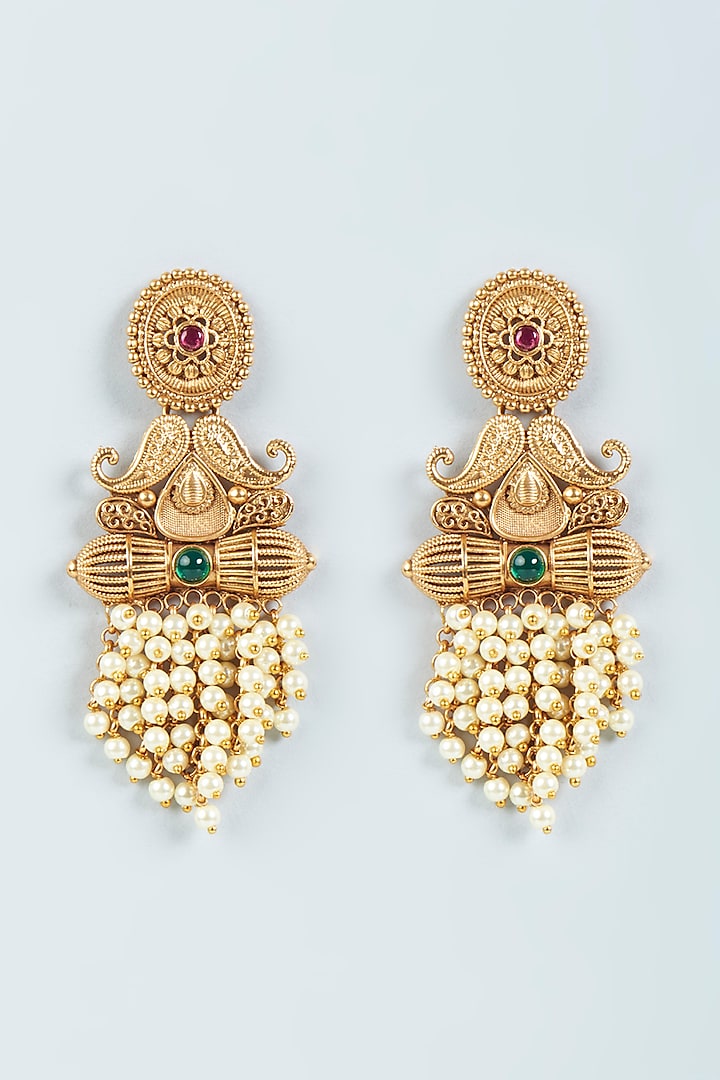 Gold Finish Pearl & Stone Temple Earrings by VASTRAA Jewellery