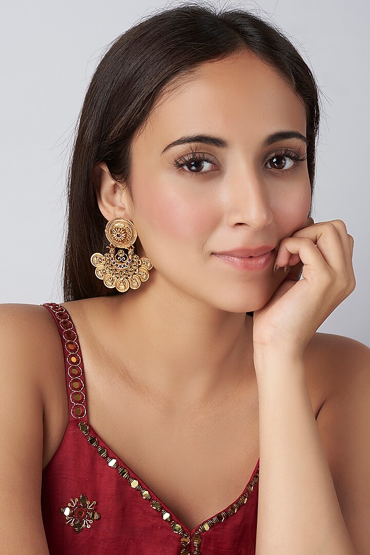 Gold Finish Stone & Pearl Temple Earrings by VASTRAA Jewellery