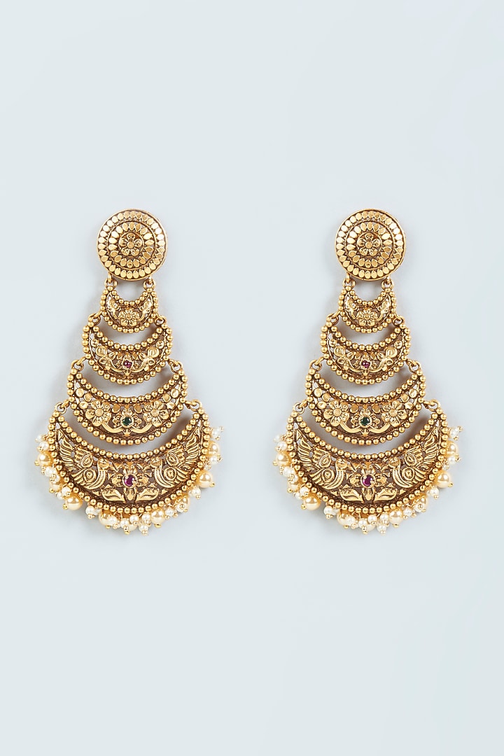 Gold Finish Stone & Pearl Temple Earrings by VASTRAA Jewellery at Pernia's Pop Up Shop