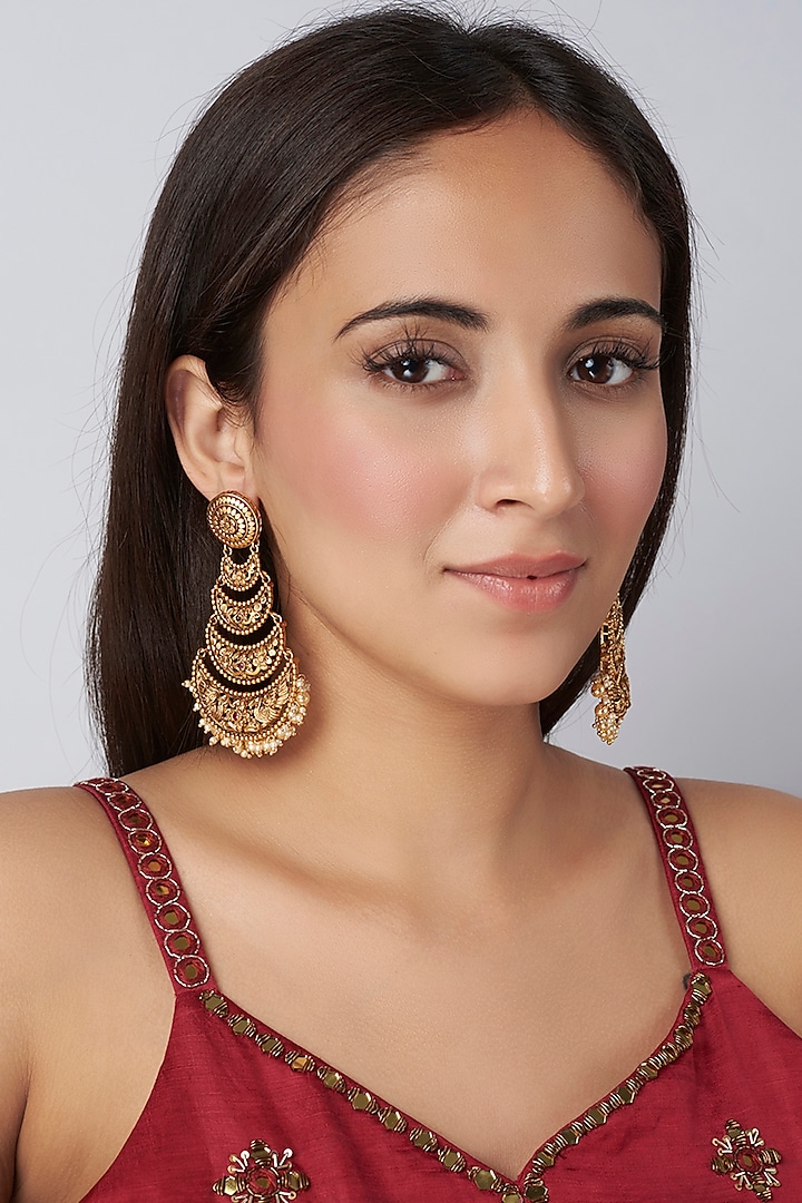 Gold Finish Stone & Pearl Temple Earrings by VASTRAA Jewellery