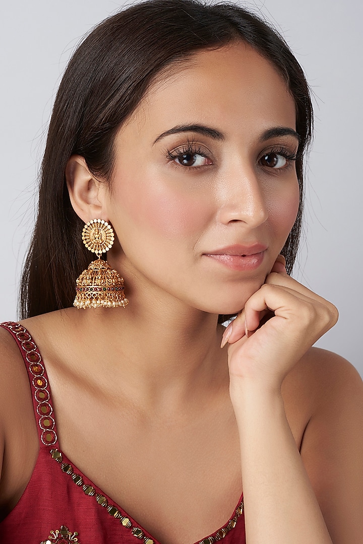 Gold Finish Stone & Pearl Temple Jhumka Earrings by VASTRAA Jewellery