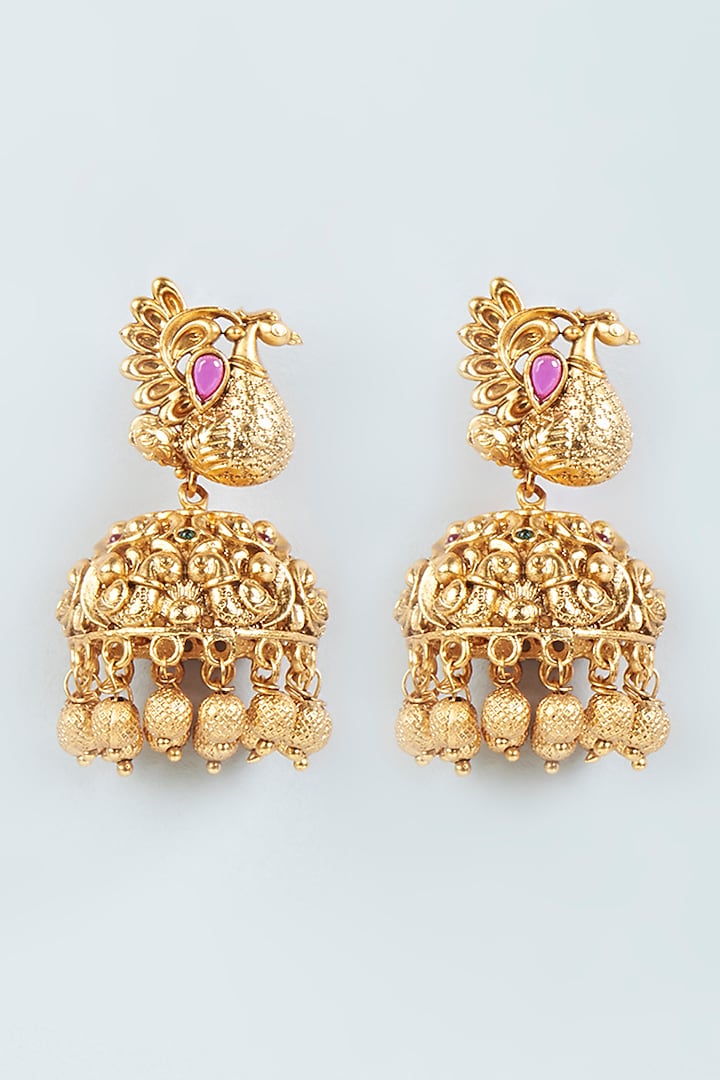 Gold Finish Green & Red Stone Temple Jhumka Earrings by VASTRAA Jewellery