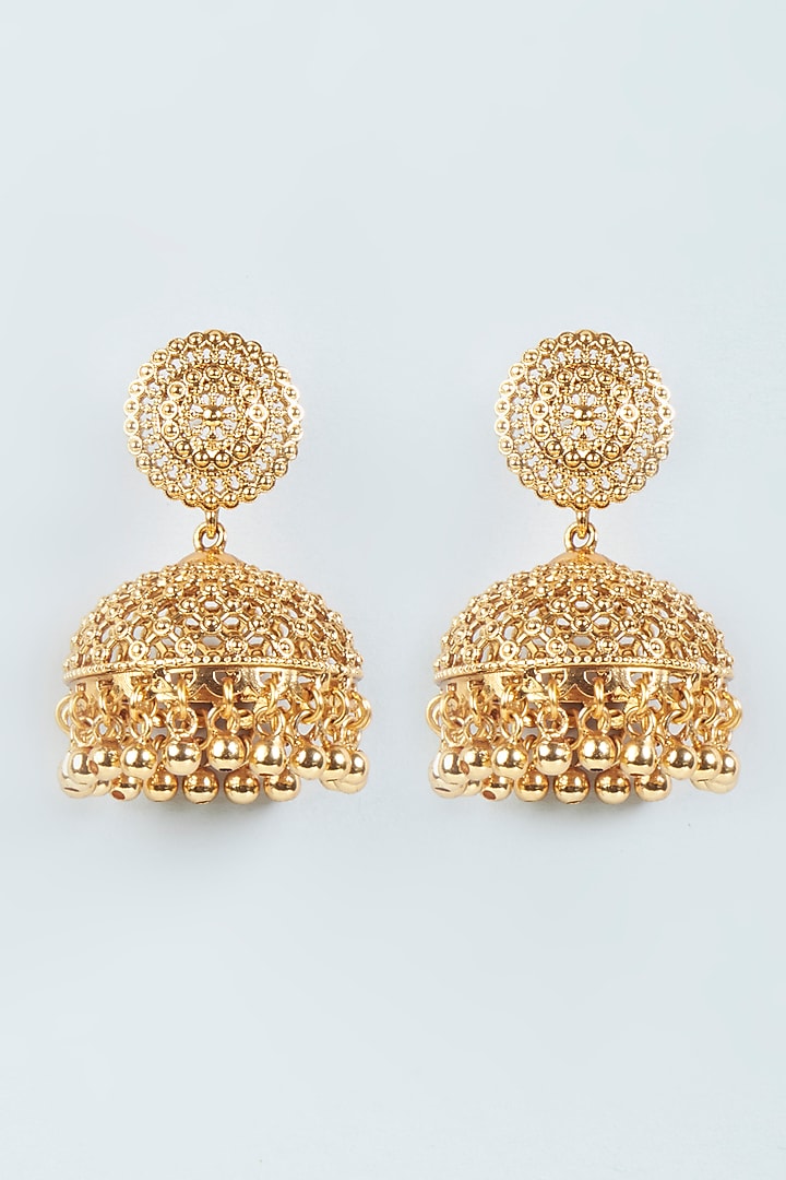 Gold Finish Pearl & Red Stone Temple Jhumka Earrings by VASTRAA Jewellery at Pernia's Pop Up Shop