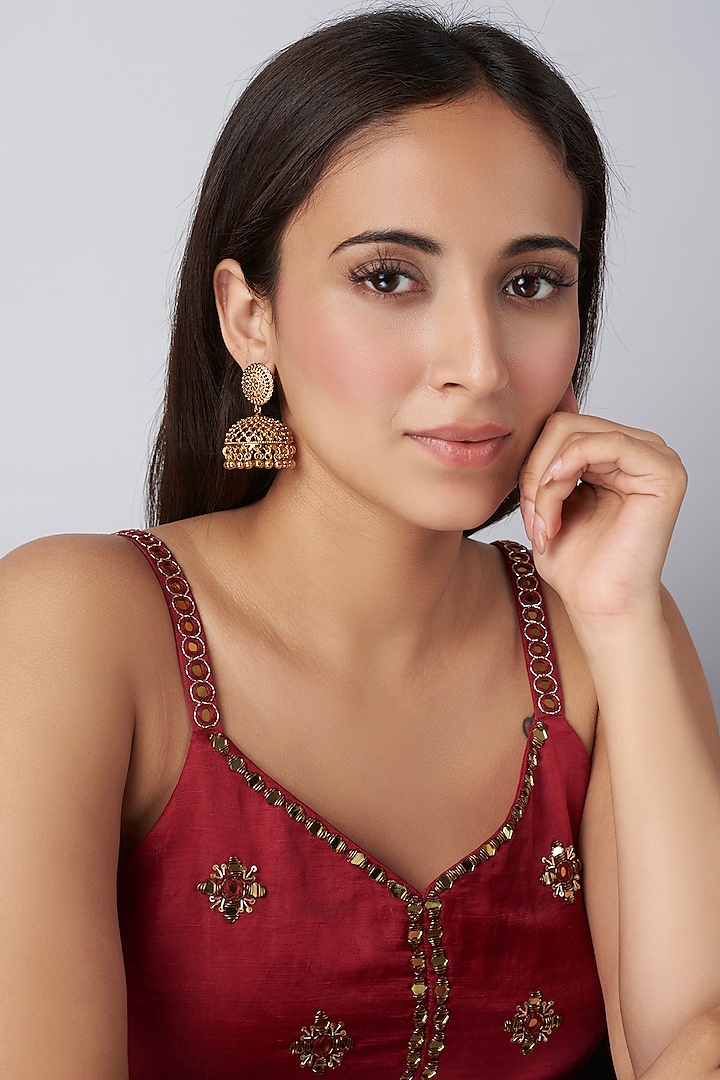 Gold Finish Pearl & Red Stone Temple Jhumka Earrings by VASTRAA Jewellery at Pernia's Pop Up Shop