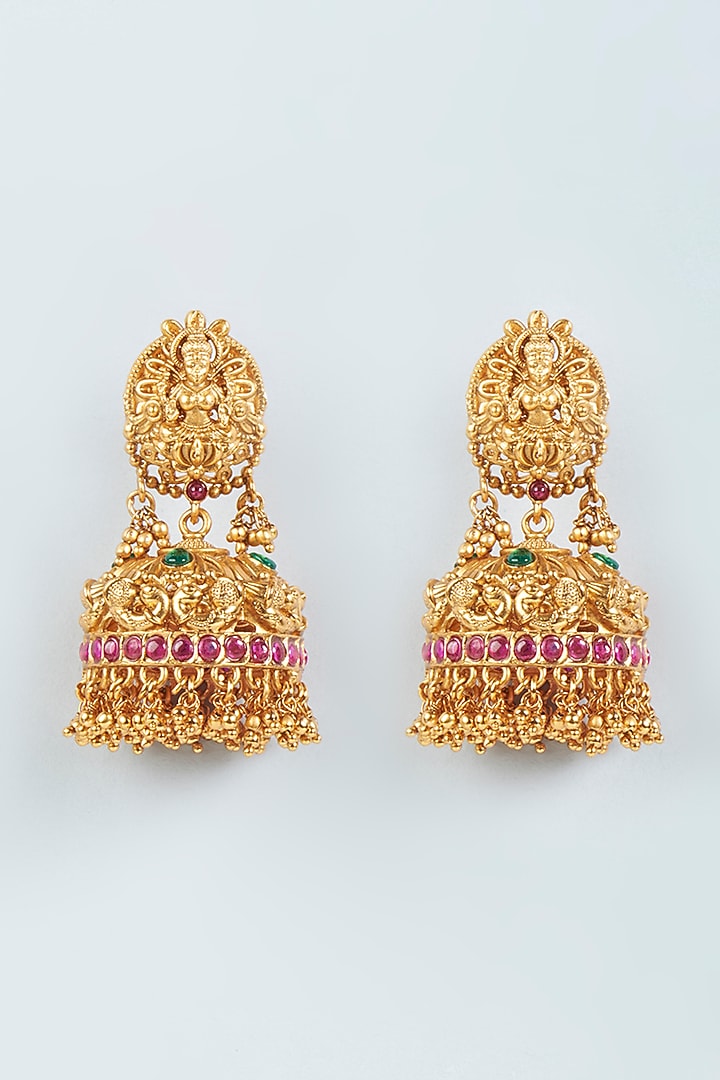 Gold Finish Pearl & Red Stone Temple Jhumka Earrings by VASTRAA Jewellery at Pernia's Pop Up Shop