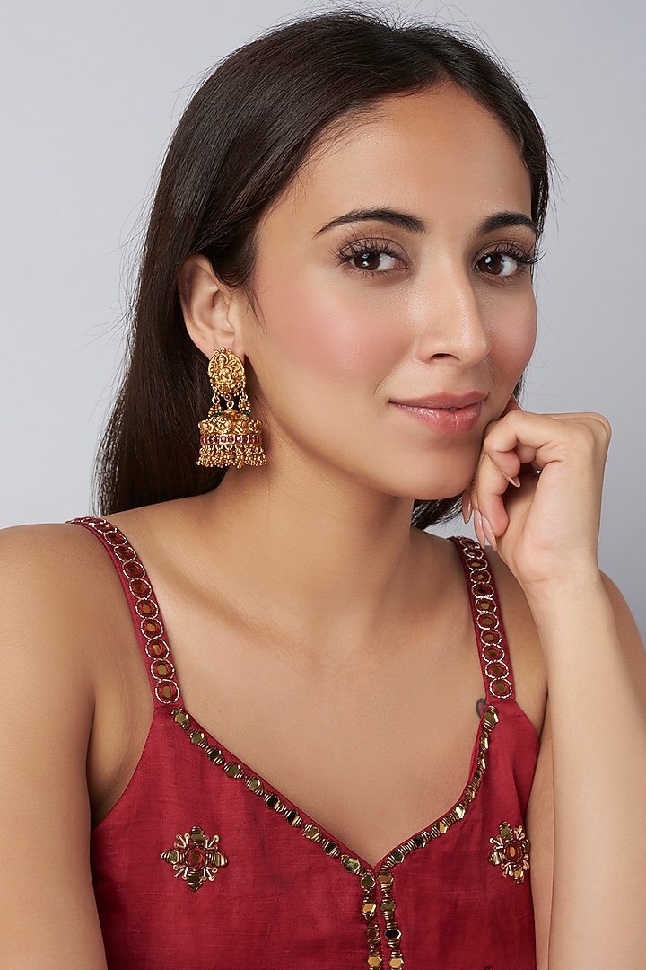 Gold Finish Pearl & Red Stone Temple Jhumka Earrings by VASTRAA Jewellery at Pernia's Pop Up Shop