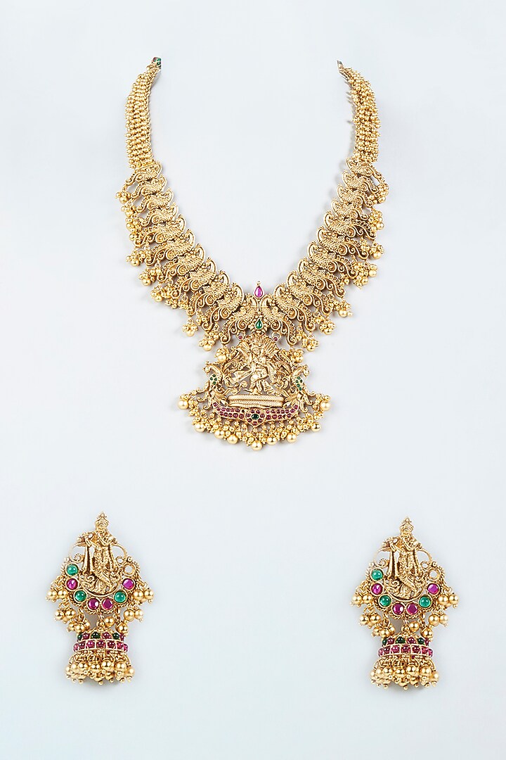 Gold Finish Green & Red Synthetic Stone Long Temple Necklace Set by VASTRAA Jewellery at Pernia's Pop Up Shop