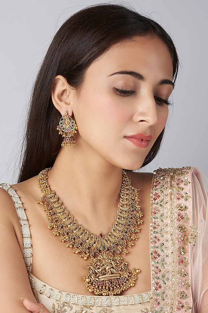 Gold Finish Green & Red Synthetic Stone Long Temple Necklace Set by VASTRAA Jewellery