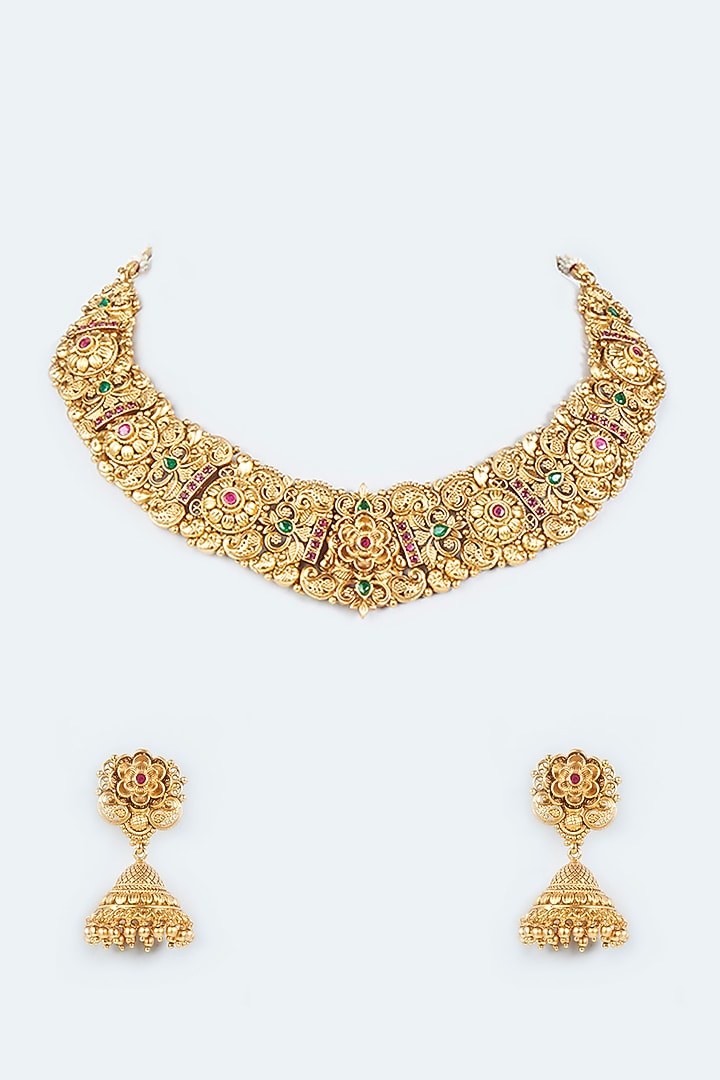 Gold Finish Green & Red Synthetic Stone Temple Necklace Set by VASTRAA Jewellery at Pernia's Pop Up Shop