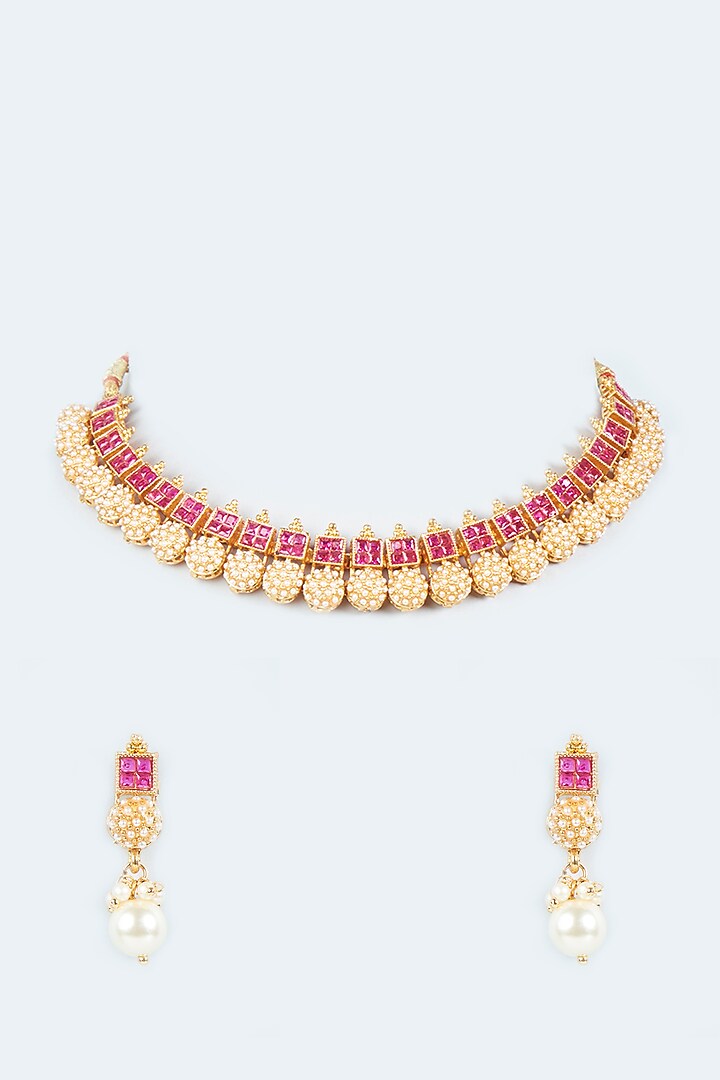 Gold Finish Red Synthetic Stone Choker Temple Necklace Set by VASTRAA Jewellery at Pernia's Pop Up Shop