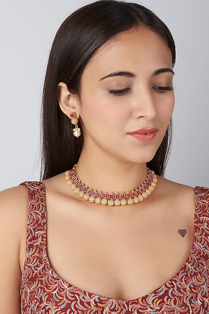 Gold Finish Red Synthetic Stone Choker Temple Necklace Set by VASTRAA Jewellery