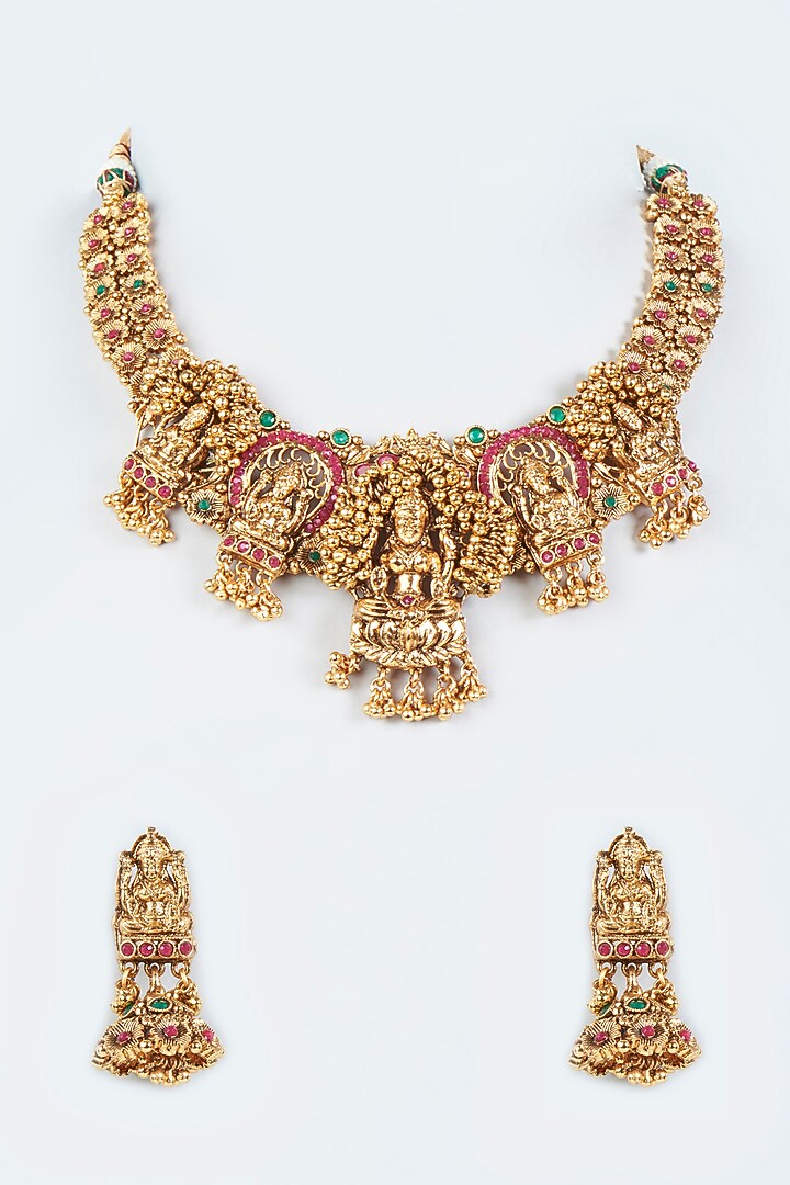Gold Finish Red & Green Synthetic Stone Choker Temple Necklace Set by VASTRAA Jewellery at Pernia's Pop Up Shop