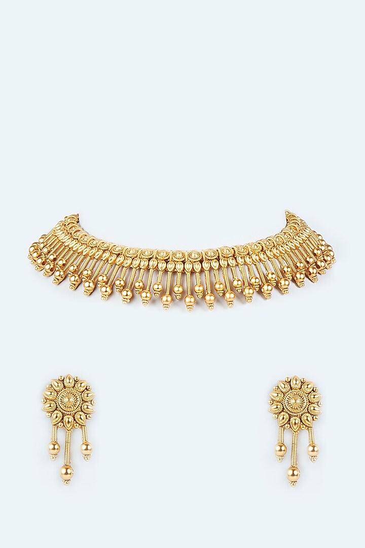 Gold Finish Choker Temple Necklace Set by VASTRAA Jewellery at Pernia's Pop Up Shop