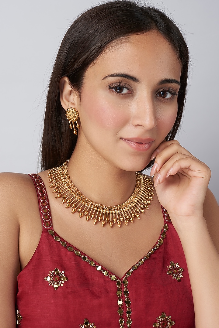 Gold Finish Choker Temple Necklace Set by VASTRAA Jewellery at Pernia's Pop Up Shop