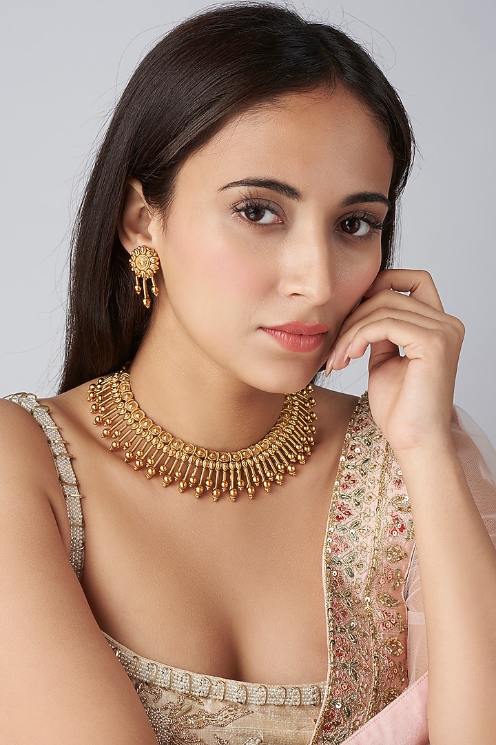 Gold Finish Choker Temple Necklace Set by VASTRAA Jewellery at Pernia's Pop Up Shop