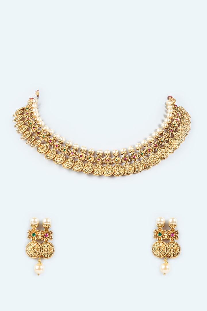 Gold Finish Pearl Choker Temple Necklace Set by VASTRAA Jewellery at Pernia's Pop Up Shop