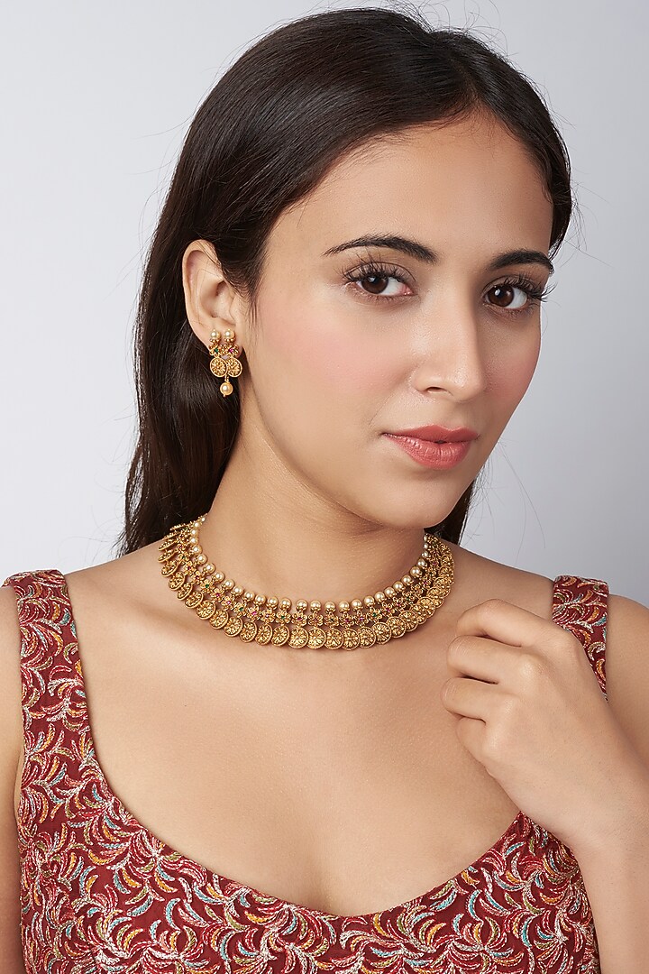 Gold Finish Pearl Choker Temple Necklace Set by VASTRAA Jewellery at Pernia's Pop Up Shop