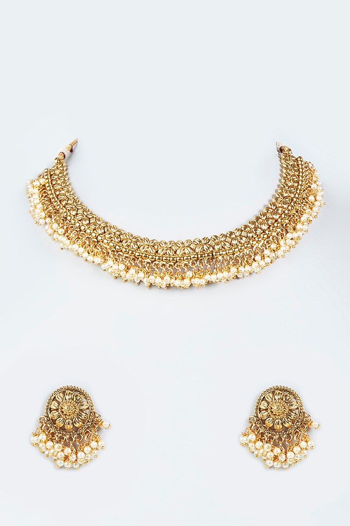 Gold Finish Pearl Choker Temple Necklace Set by VASTRAA Jewellery at Pernia's Pop Up Shop